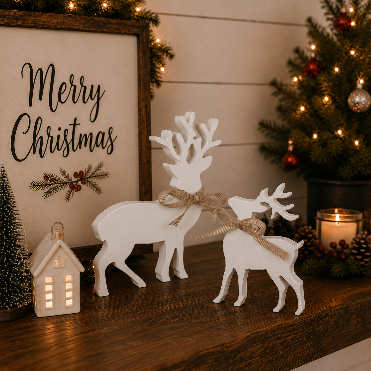 Christmas shelf décor featuring wooden deer figurines
White reindeer decorations in a modern farmhouse Christmas setting
Rustic holiday centerpiece with white wooden deer
Christmas table décor with freestanding reindeer figurines
White Christmas deer styled with pinecones and evergreen branches
Wooden reindeer decorations for a cozy winter home
Christmas entryway décor with white reindeer figurines
White wooden deer displayed beside a Christmas tree
Holiday console table decorated with white reindeer