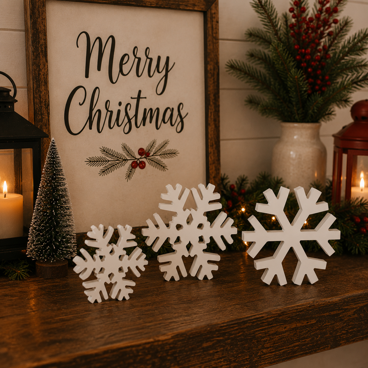 Modern farmhouse white snowflake Christmas decorations
Rustic farmhouse wooden snowflake décor
Neutral Christmas decorations with white snowflakes
Scandinavian-style wooden snowflake decorations
Minimalist white Christmas snowflake figurines
Cottage Christmas décor with wooden snowflakes
Rustic winter décor with freestanding white snowflakes
Woodland Christmas decorations featuring white snowflakes
Cozy cabin Christmas décor with wooden snowflakes
Traditional Christmas decorating with white snowflake accent