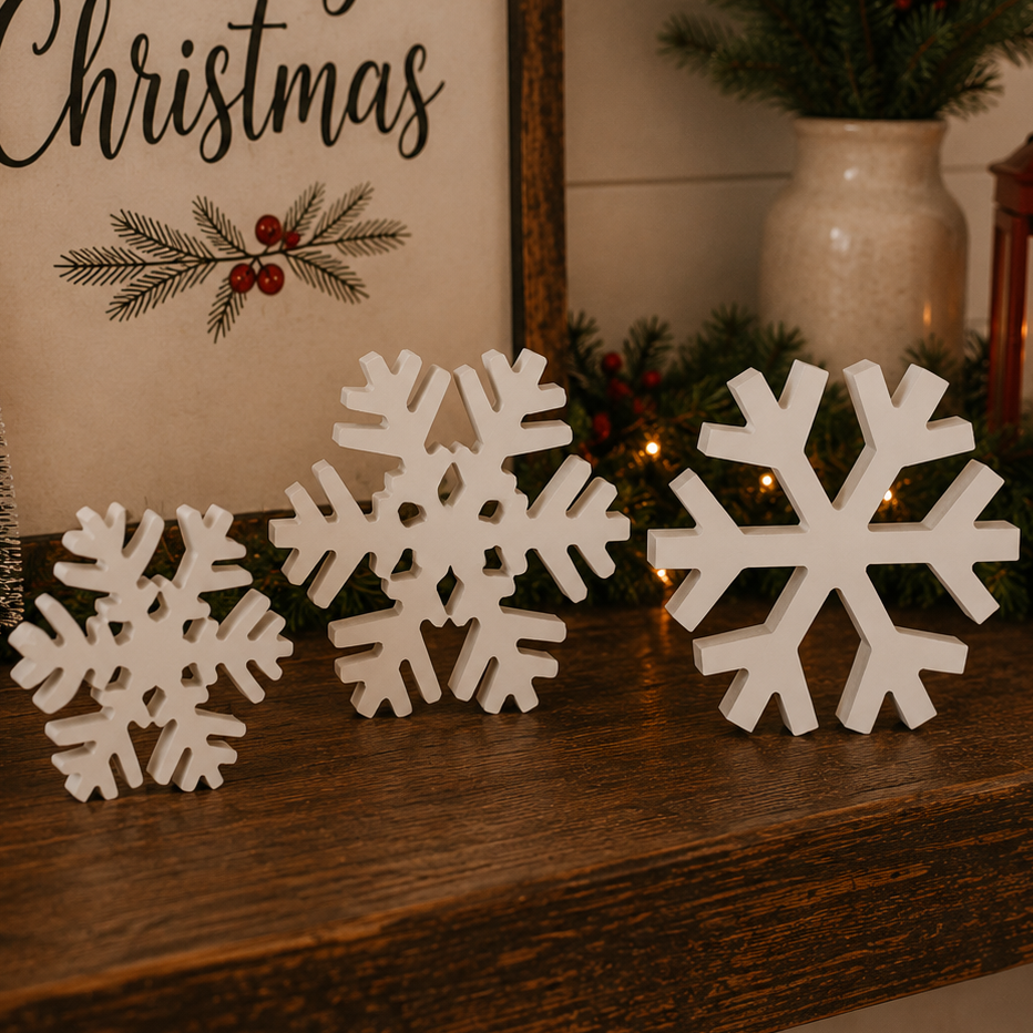 Set of three white wooden snowflake Christmas decorations
Snow Day white wooden snowflake decorations set of three
Freestanding white MDF snowflake holiday decorations
White wooden Christmas snowflakes in three coordinating sizes
Decorative white snowflake figurines for Christmas displays
Set of three freestanding wooden winter snowflakes
MDF snowflake Christmas decorations for indoor display
White tabletop snowflake decorations for the holidays
Wooden snowflake figurines for Christmas home décor