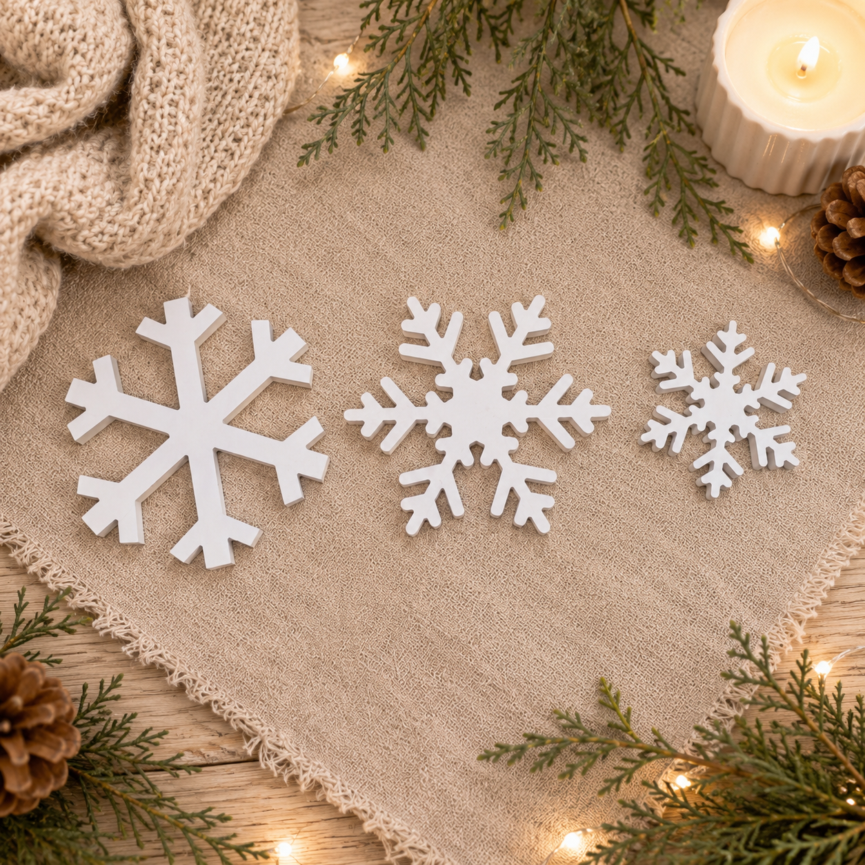 Woodland Christmas decorations featuring white snowflakes
Cozy cabin Christmas décor with wooden snowflakes
Traditional Christmas decorating with white snowflake accent
White holiday snowflake accents for a cozy seasonal display
Set of white MDF snowflakes for mantel tabletop and shelf décor
Wooden snowflake set for a Secret Santa gift
Christmas hostess gift with winter snowflake décor
White wooden snowflakes for a holiday gift basket
Winter decoration gift for newlyweds