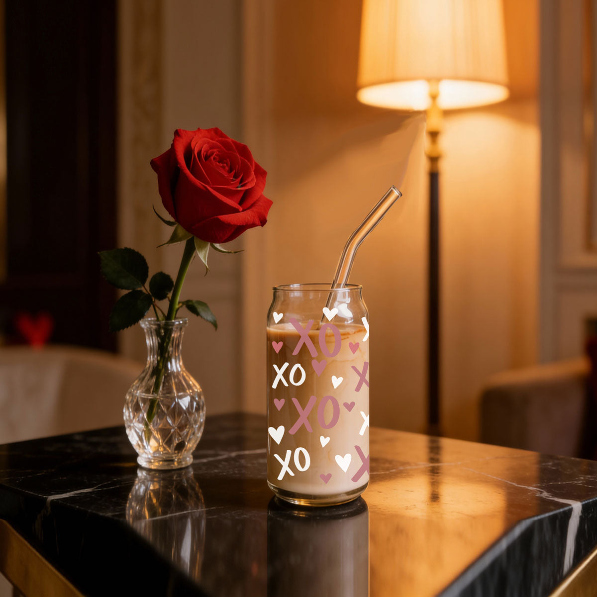 Pink XO’s and hearts 20oz glass cups with bamboo lid and straw.
Cute 20oz glass cups with bamboo lid, pink XO’s and hearts design. Light Pastel Pink 20oz glass cups with bamboo lid and glass straw, decorated with pink XO’s and hearts for a thoughtful Valentine’s gift.