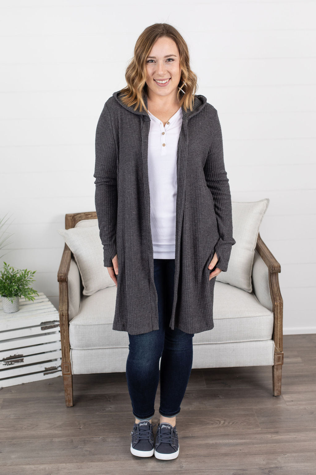 IN STOCK Claire Hooded Waffle Cardigan - Charcoal