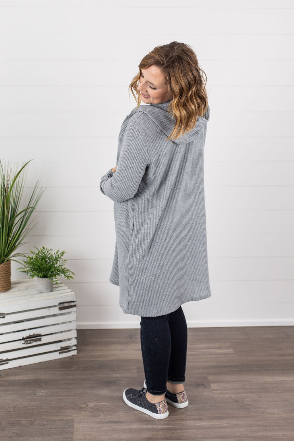IN STOCK Claire Hooded Waffle Cardigan - Light Grey