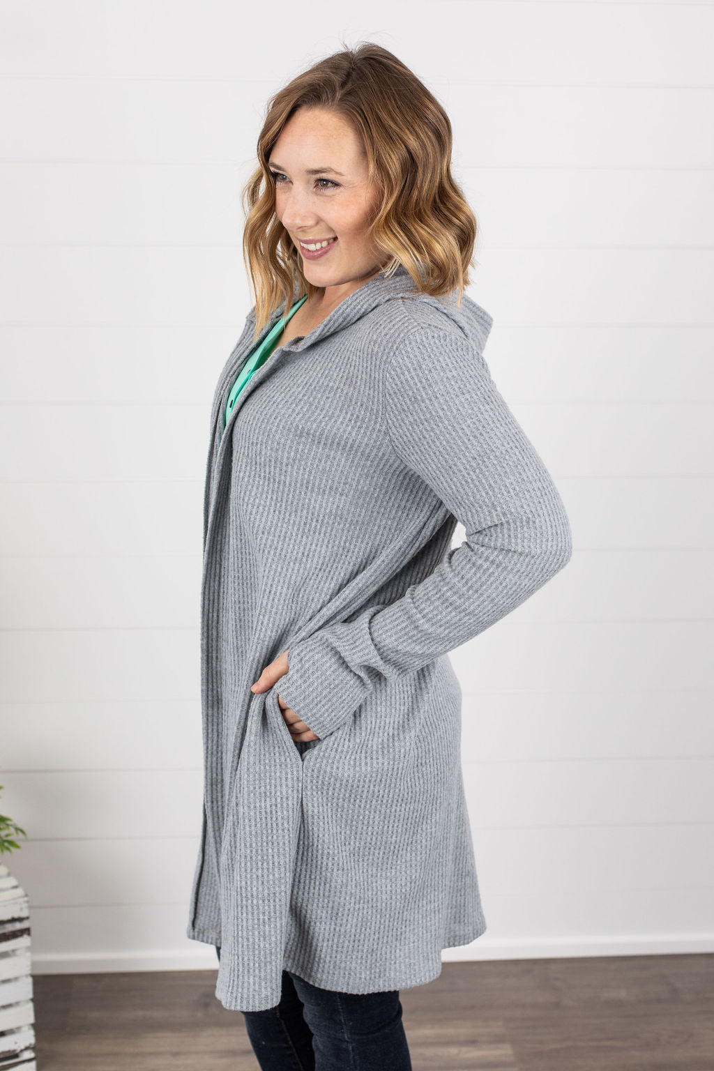 IN STOCK Claire Hooded Waffle Cardigan - Light Grey