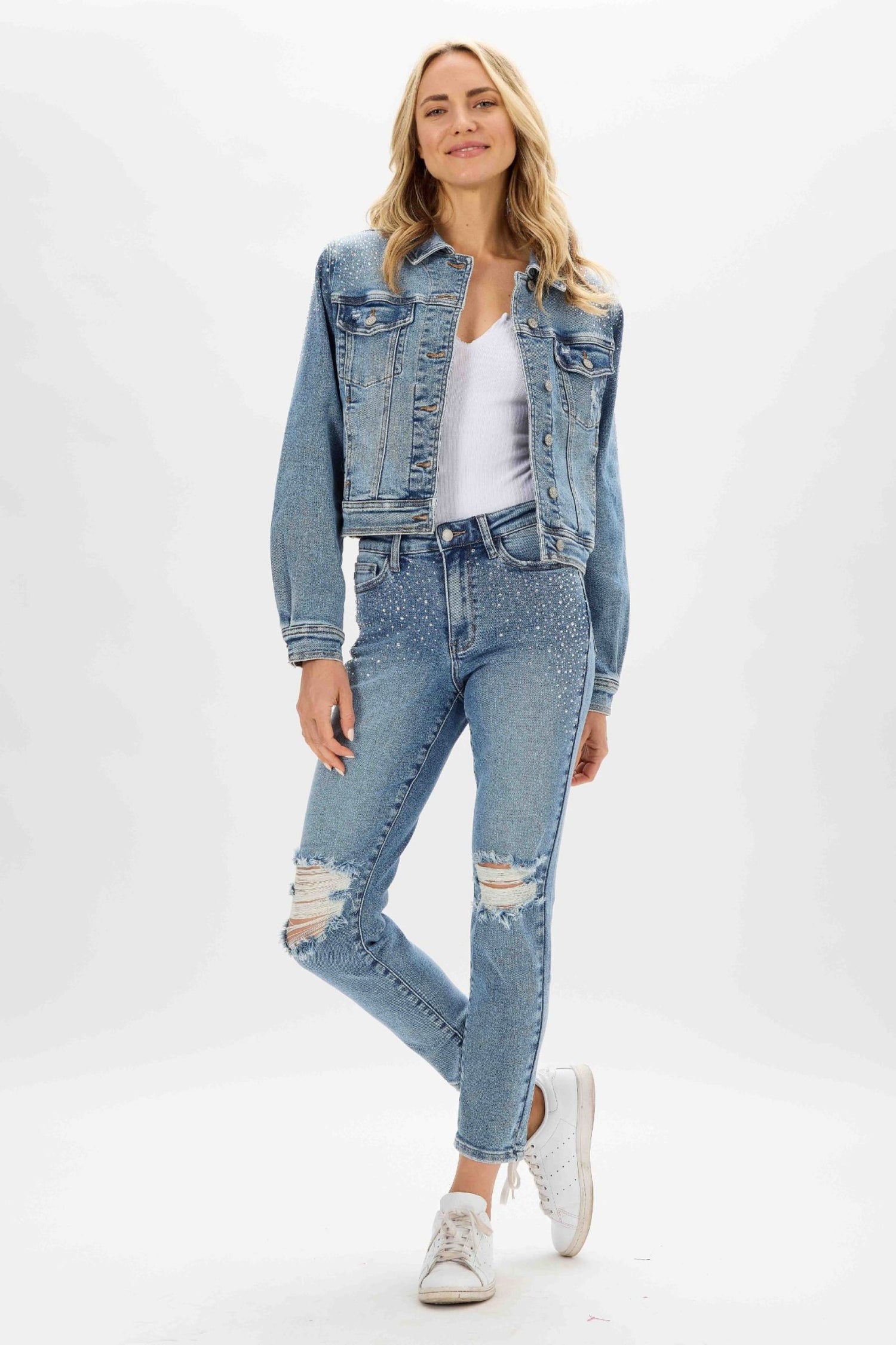 Brandi’s Boutique Online Judy Blue High Waist Rhinestone Embellished Destroyed Slim Fit Jeans 15