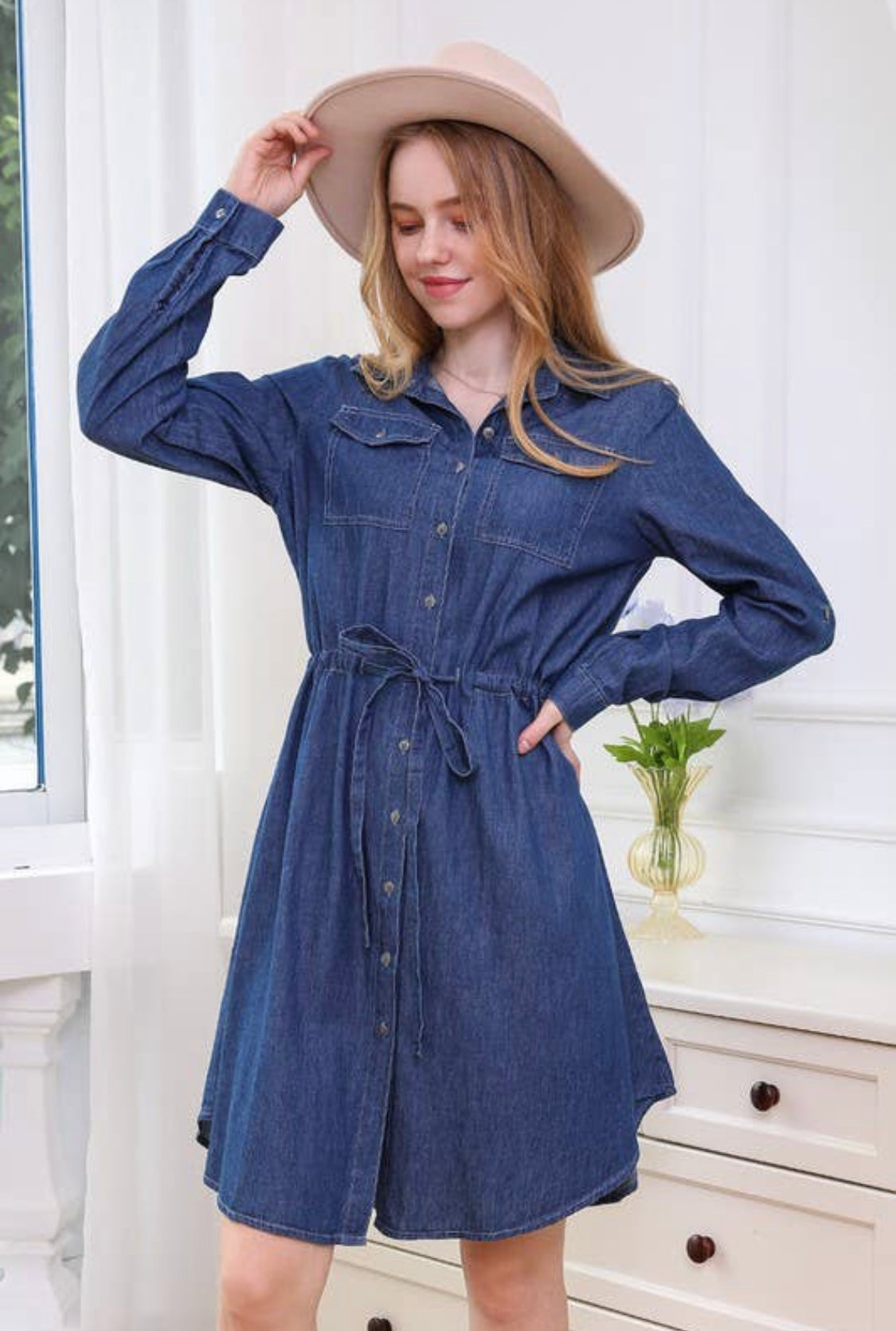 BUTTON UP DENIM CHAMBRAY DRESS (Additional Colors Available)