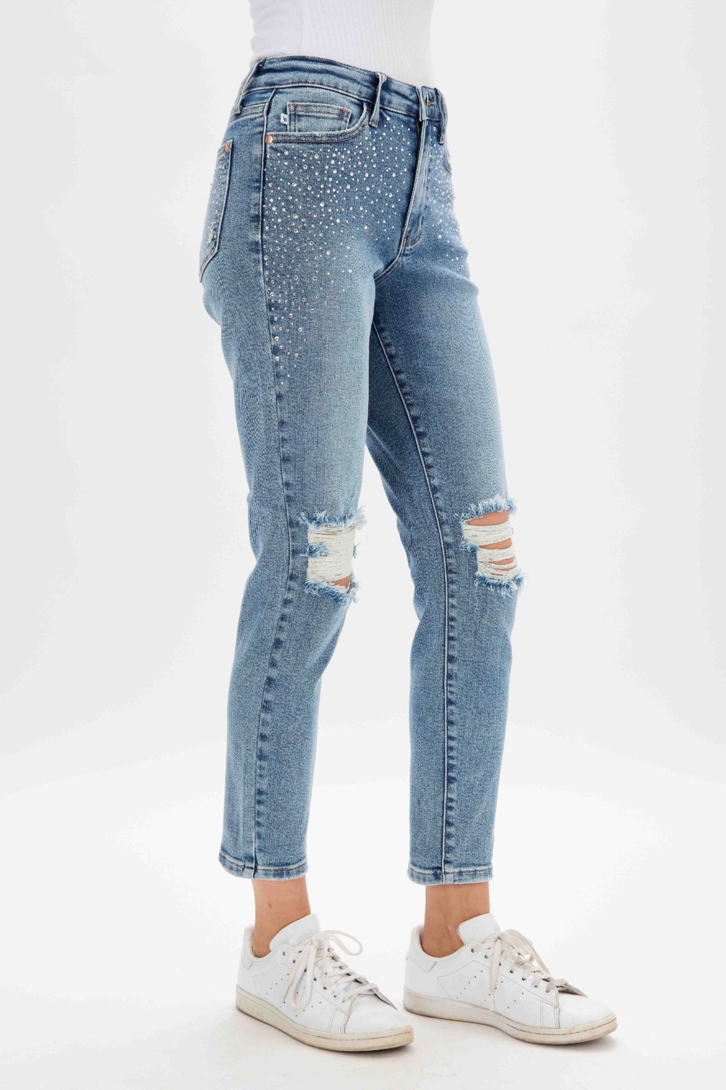 Judy Blue High Waist Rhinestone Embellished Destroyed Slim Fit Jeans