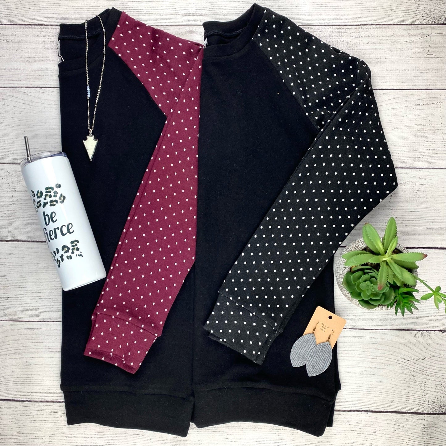 Accent Sleeve Pullover- Burgundy Dot