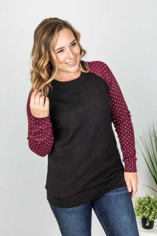 Accent Sleeve Pullover- Burgundy Dot